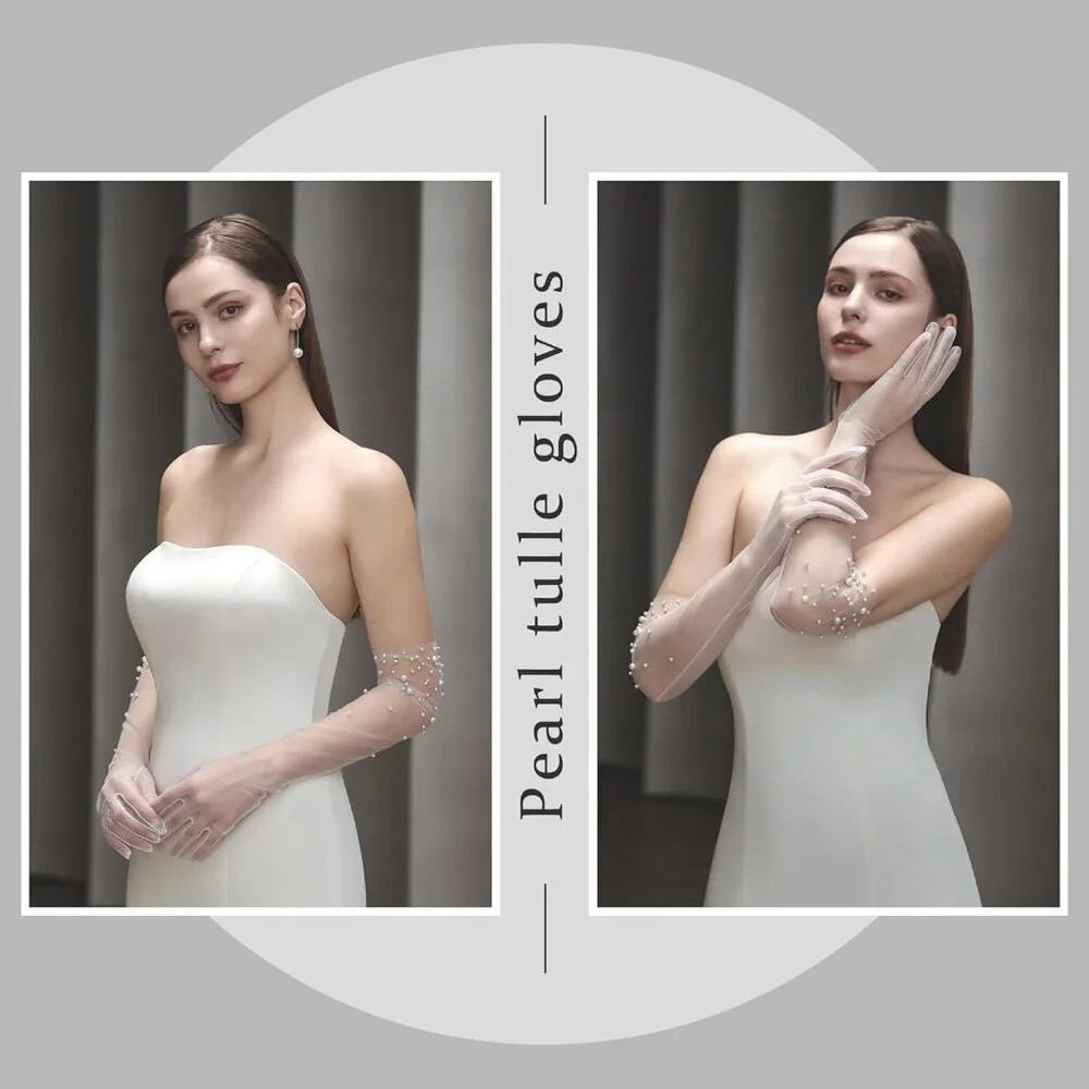 Women's Off-White Tulle Pearl Long Sleeves Gloves Bridal Party Prom Costumes